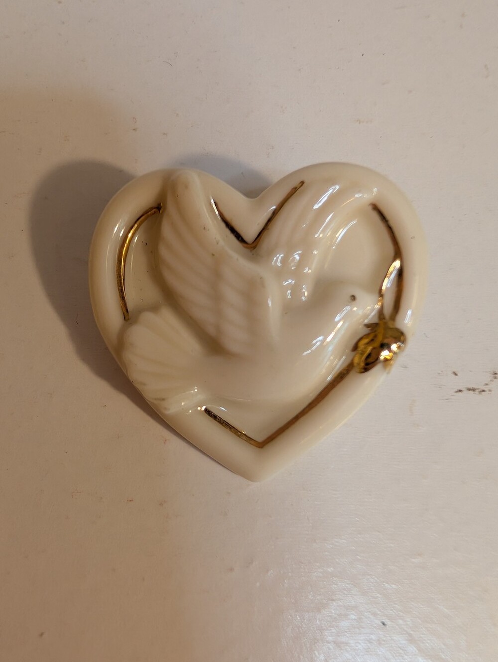 Ceramic Dove Heart Trinket Pin with Gold Accent. Lenox.